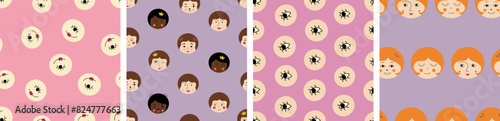 Four repeatable patterns, comely girlish faces. Simple design for branding, fabric, girl guise, various endless backgrounds.