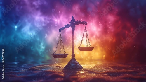 Scales of justice on a cosmic background, symbolizing balance and fairness.