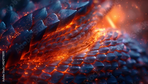 Flames close up, focus on, copy space - bold colors, Double exposure silhouette with dragon scales photo