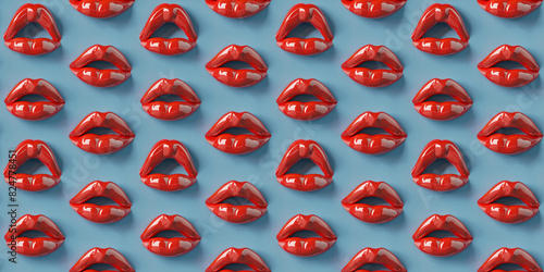 Sexy female 3d lips with red lipstick isolated on blue background banner illustration. Seductive lady mouth open, red lips, seamless pattern