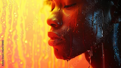 Close-up portrait of a woman with water dripping down her face, lit by warm yellow light.