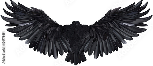 Symmetric pair of black wings with detailed feathers showcased on a white background. , Generate AI