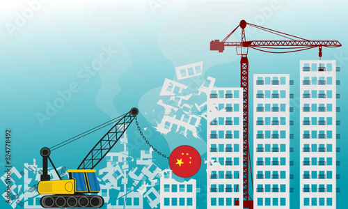 Chinese property sector crisis, financial crisis, China's Real Estate slump, flag of China and stock market decline	