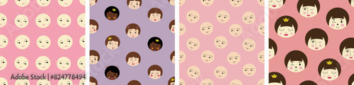 Collection of four creative patterns, handsome girlish faces. Bright repeatable background, woman look, cute creative surface design.