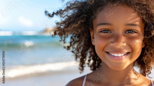 Close-up of a young, happy black woman with a smile on a beach