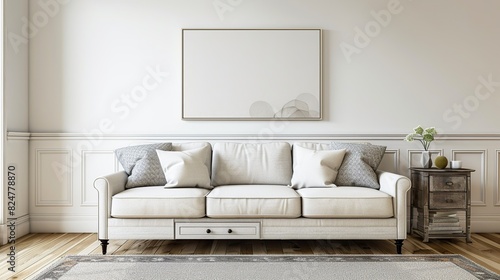 White living room interior with sofa and drawer with art decoration. Generative Ai