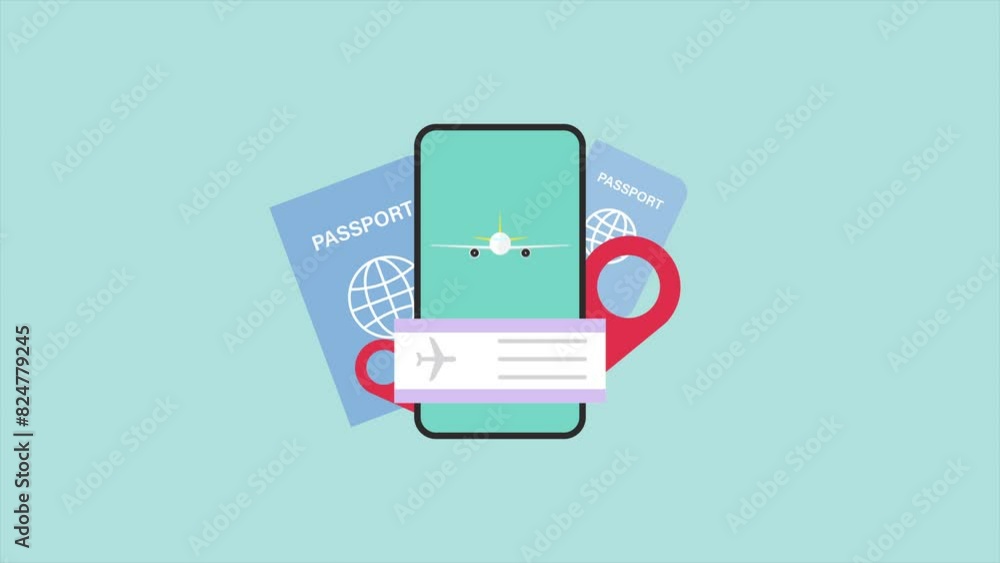 Air ticket booking with smartphone and passport in flat design. Explore the world, airplane adventure concept. Air ticket booking with smartphone and passport in flat design. Explore the world, airplane adventure concept.