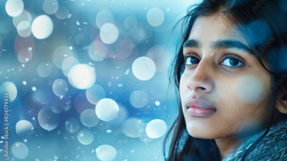 Beautiful Indian woman with blue eyes looking into the distance Beautiful Indian woman with blue eyes looking into the distance