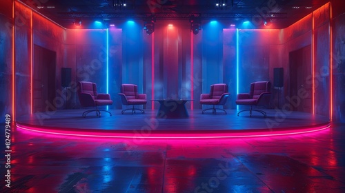 A contemporary stage with illuminated chairs and neo-noir neon lighting creating a futuristic look