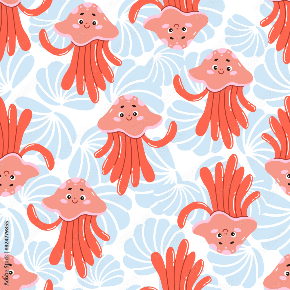 Vector seamless pattern with blue shells and sea jellyfish hand-drawn. Marine motifs for your design Vector seamless pattern with blue shells and sea jellyfish hand-drawn. Marine motifs for your design
