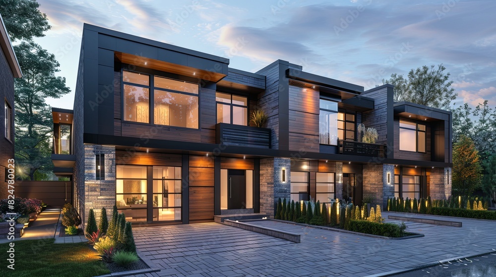Fototapeta premium Modern modular townhouses: Urban residential architecture at its finest. Discover stylish and contemporary homes perfect for urban living, modern design, and real estate development.