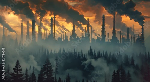 a planet's desperate gasp for air, as forests shrink and factory chimneys multiply, belching out dark smoke, photo