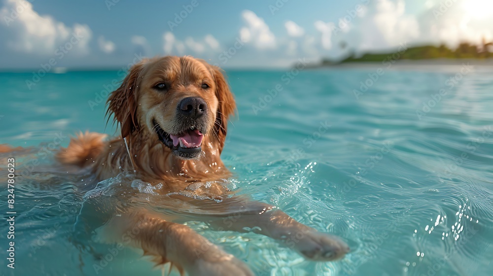 A majestic golden retriever frolicking in the crystal clear waters of the Caribbean Sea, with the sun setting behind him in a stunning display of colors.