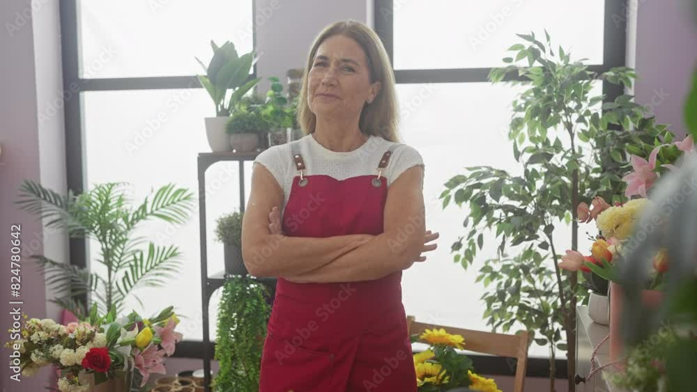 Confident mature woman florist with crossed arms standing in her flower shop surrounded by diverse plants and bouquets. Confident mature woman florist with crossed arms standing in her flower shop surrounded by diverse plants and bouquets.