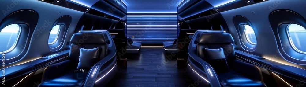 Fototapeta premium Futuristic aircraft cabin design featuring dark seats and tranquil blue lighting, ideal for a feature in a travel technology magazine