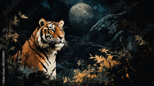 Oil painting of a tiger portrait in the jungle against a night sky with a full moon, created with broad brushstrokes. The tiger's proud stance is highlighted, exuding strength and majesty 