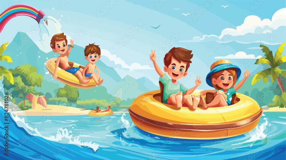Summer aquapark ride with playful kids. Amusement 