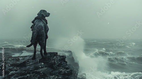 A regal Great Dane standing proudly on a rocky cliff overlooking the vast expanse of the ocean, his powerful stance mirroring the strength of the crashing waves below.