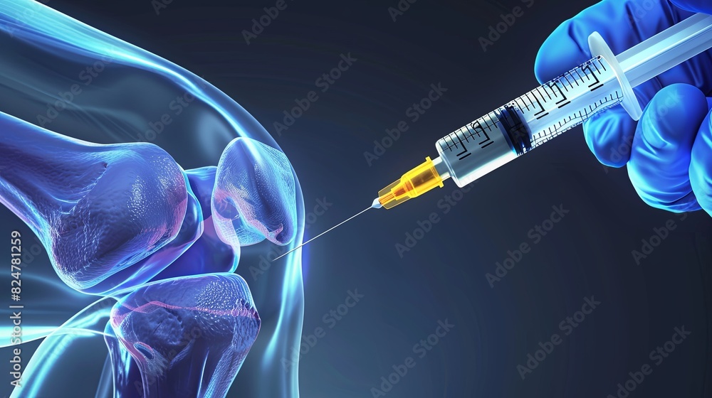 This 3D medical visualization depicts a knee joint injection, a common ...