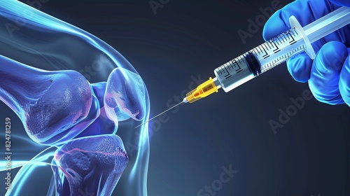 This 3D medical visualization depicts a knee joint injection, a common treatment for arthritis-related joint pain.