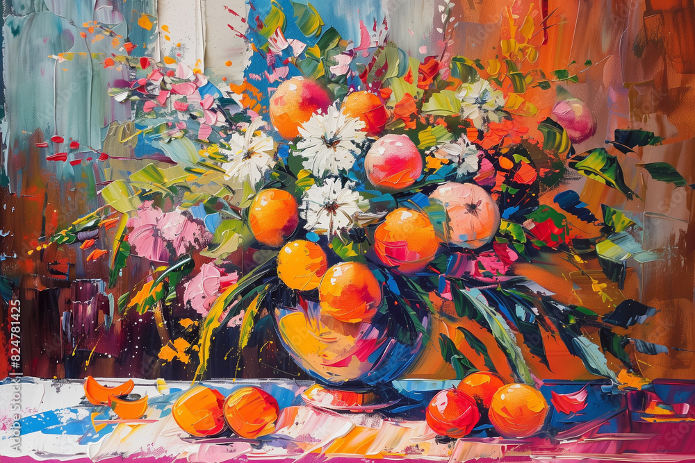 Sumptuous Impressionist oil painting featuring a lavish bouquet of flowers intertwined with vibrant summer fruits, exuding bold and captivating hues reminiscent of the season's brilliance. Sumptuous Impressionist oil painting featuring a lavish bouquet of flowers intertwined with vibrant summer fruits, exuding bold and captivating hues reminiscent of the season's brilliance.