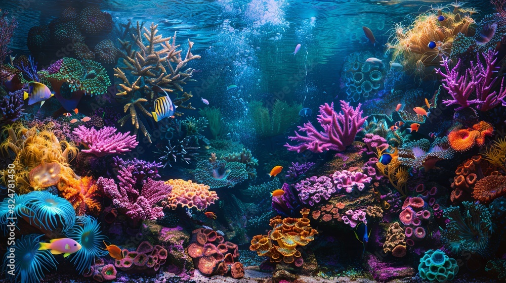 This striking image captures the dynamic colors and textures of a coral-filled aquarium, alive with underwater fluorescence.