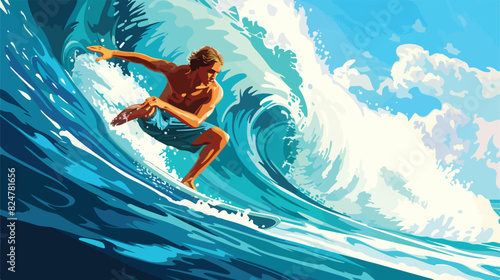 Surfing man. Ocean wave extreme sport ride Cartoon vector