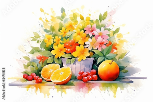 Delicate watercolor composition featuring a bouquet of summer wildflowers, oranges, berries, and an apple, set against a white background, capturing the essence of a bright and cheerful summer day.