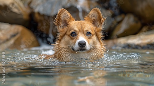 A curious Corgi exploring the hidden coves and secret caves of a remote island  his fluffy coat providing warmth as he dives into the cool  refreshing sea.
