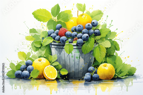 Watercolor still life of blueberries and vibrant fruits surrounded by lush green foliage, set against a white background, evoking a fresh summer mood.
