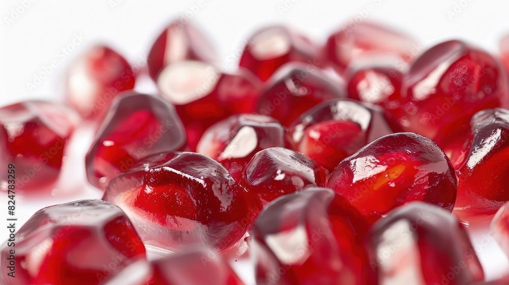 a close-up of numerous ruby-red pomegranate seeds against a pristine white background, highlighting their vibrant color and juicy texture for a visually appealing and appetizing composition a close-up of numerous ruby-red pomegranate seeds against a pristine white background, highlighting their vibrant color and juicy texture for a visually appealing and appetizing composition