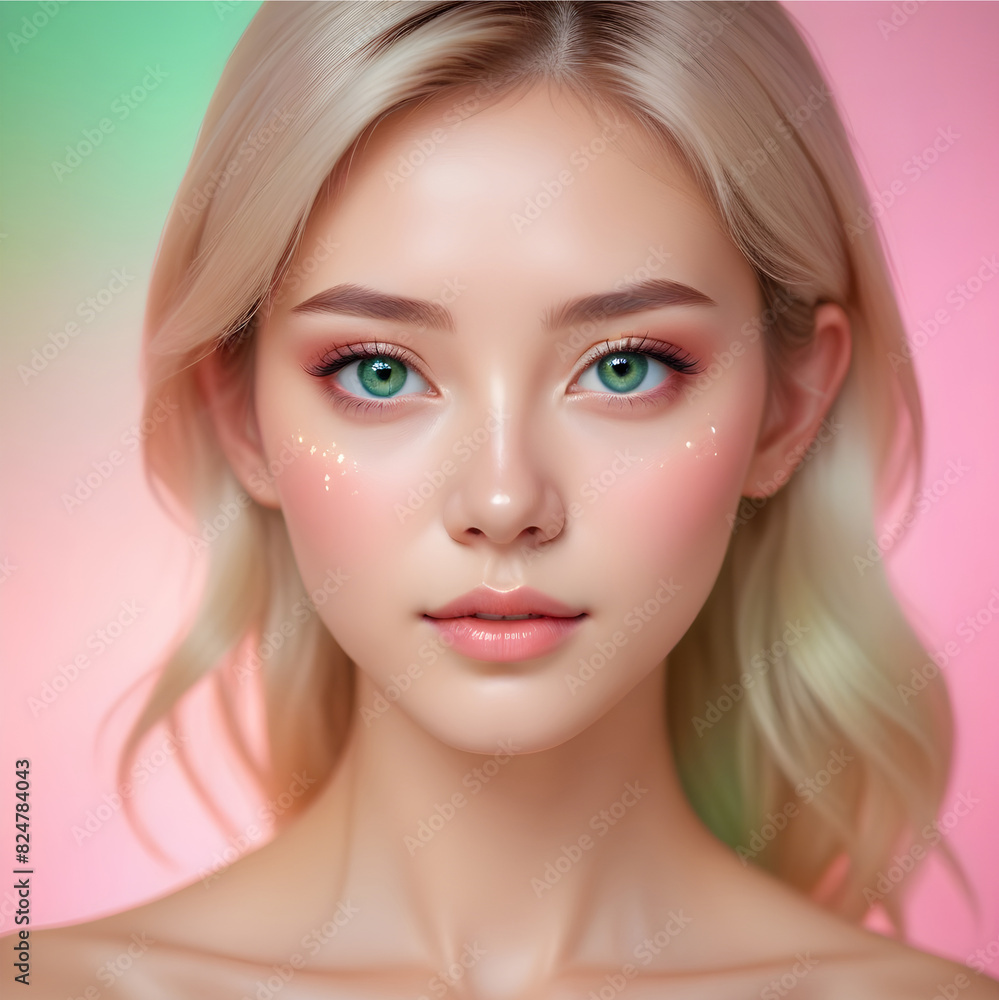 Baby doll face blond adult woman with stunning green eyes and colorful visual background