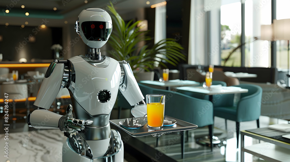 Robot waiter serving a juice on tray in a modern hotel restaurant