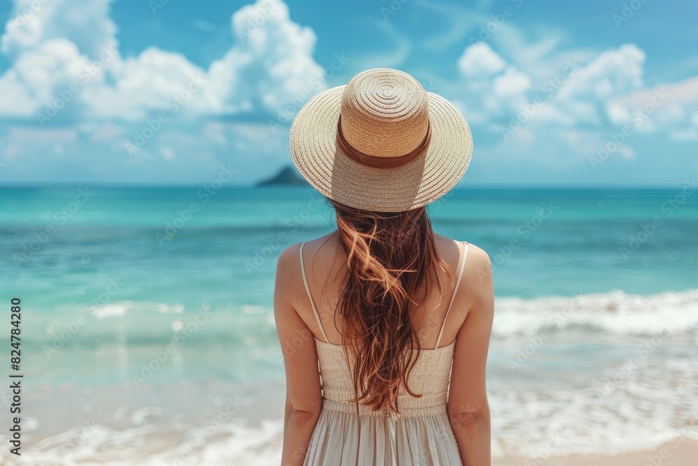 Rear view of young tourist woman in summer dress and hat standing on beautiful sandy beach by tropical sea on vacation.