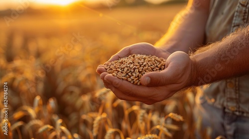 Hand holding a handful of golden wheat grains with a warm sunset over a wheat field background © Lubos Chlubny