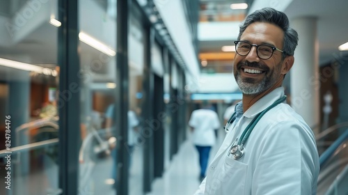 Smiling doctor with stethoscope standing in modern hospital corridor, conveying professionalism and warmth in healthcare setting. photo