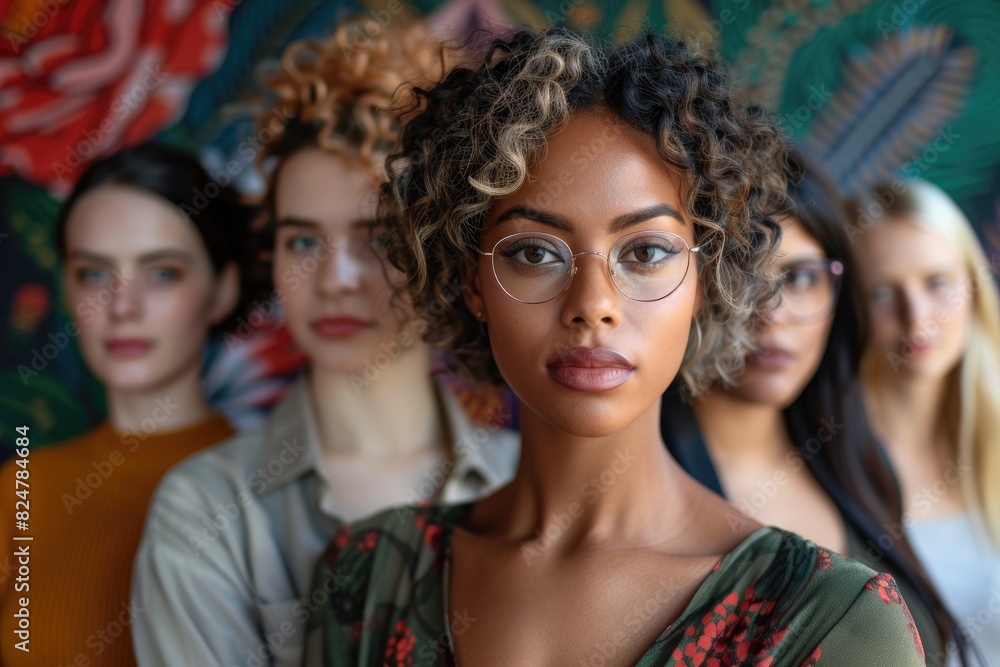 Portrait of a focused young woman wearing glasses with a diverse group of women blurred in the background. 