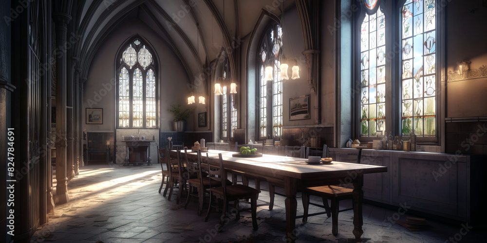 Gothic style kitchen interior in a castle. Gothic style kitchen interior in a castle.