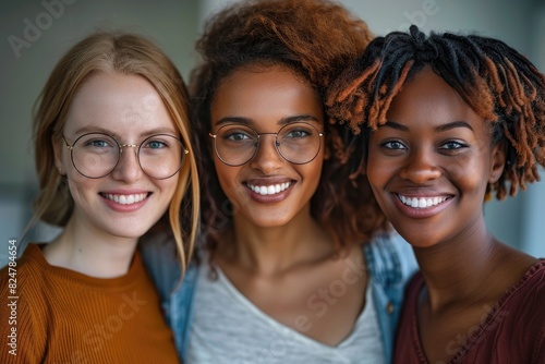 Three joyful women with different ethnic backgrounds showing diversity and friendship. They are smiling and looking at the camera