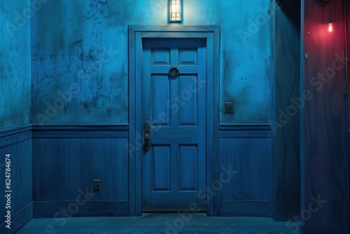 Dimly lit, enigmatic blue door set in a moody blue wall, evoking a sense of mystery