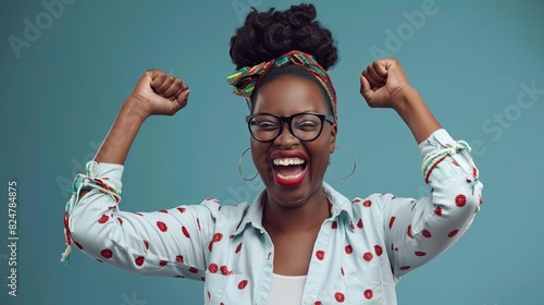 Happy young woman with glasses celebrating with raised arms against blue background wearing polka dot blouse and headband. photo