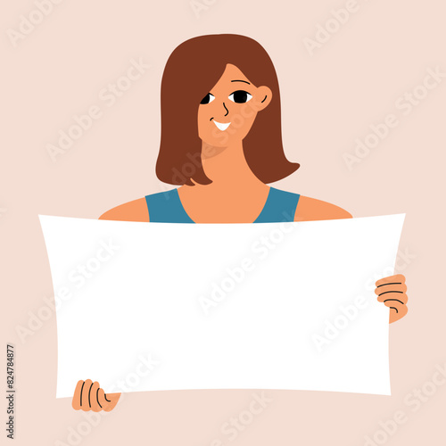Young woman holding blank placard, poster, mockup. Pretty girl swowing empty presentation. Isolated illustration.