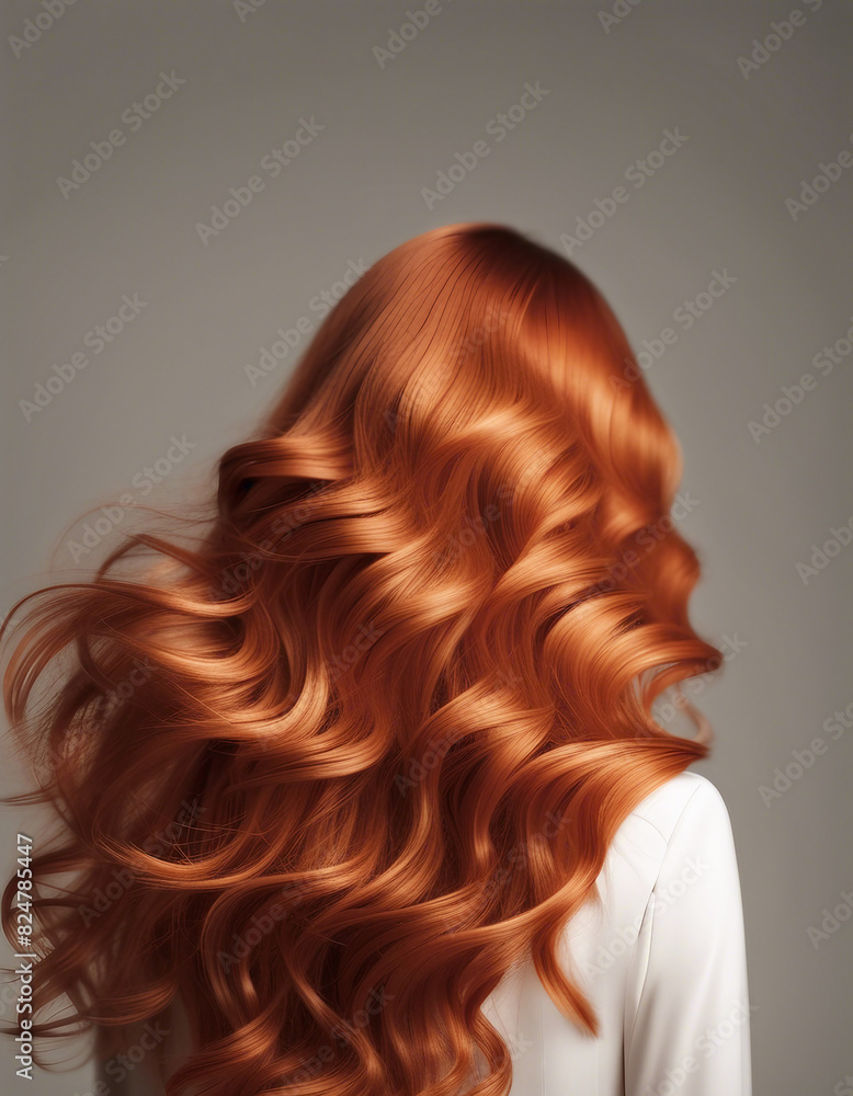 Fototapeta premium back view of copper colored long and wavy woman's hair, hair advertising shot, isolated white background 