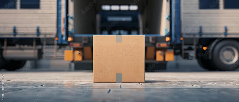 A cardboard box placed in front of a truck being loaded in a warehouse, symbolizing logistics, shipping, and transportation. A cardboard box placed in front of a truck being loaded in a warehouse, symbolizing logistics, shipping, and transportation.