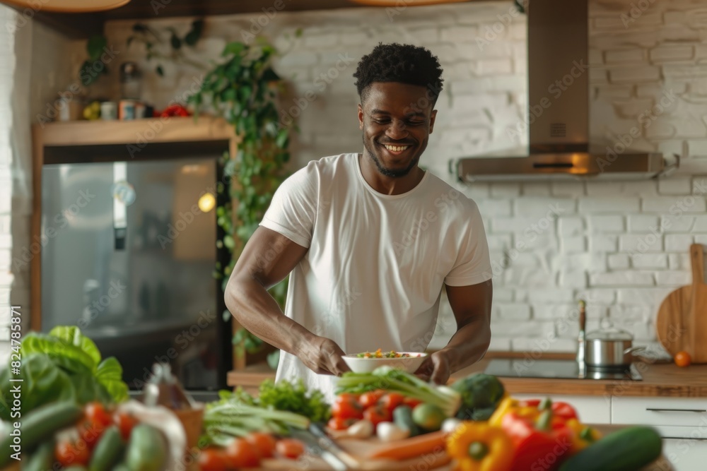 In the kitchen at home, a muscular and handsome African American young man prepares a healthy breakfast with fresh vegetables. This image highlights fitness and nutritious eating habits.