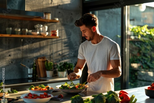 A fit  handsome young man is seen making breakfast from healthy food and vegetables in his kitchen at home. The photo highlights a commitment to wellness and home-cooked meals.
