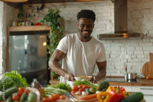 In the kitchen at home  a muscular and handsome African American young man prepares a healthy breakfast with fresh vegetables. This image highlights fitness and nutritious eating habits.