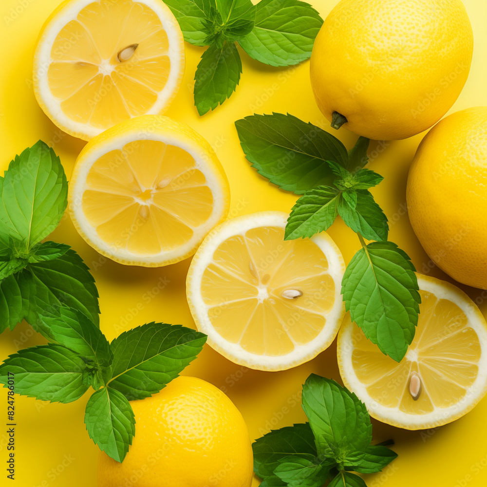 yellow lemons and lemon halves with mint leaves on a yellow background photo yellow lemons and lemon halves with mint leaves on a yellow background photo