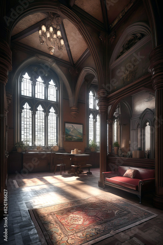 Interior of living room in Gothic style.