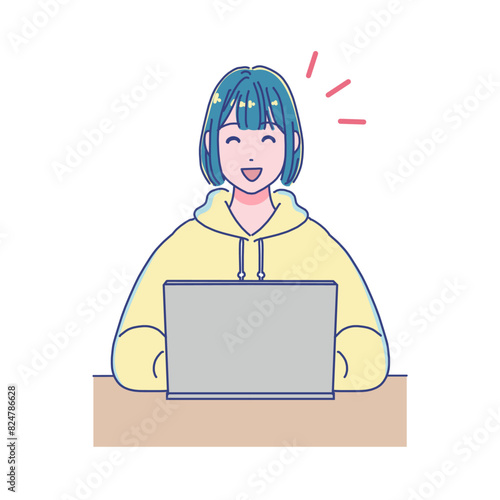 パソコンを使って勉強するアニメ調の女の子